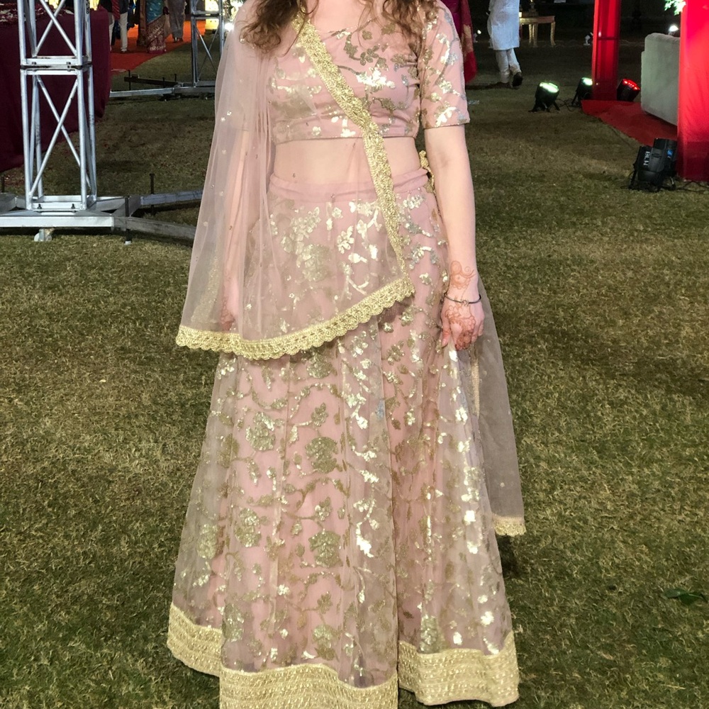 Blush Embroidered Indian Wedding Two Piece Dress with Gold Accents - Picture 15 of 16